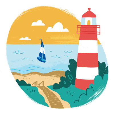 a hand-drawn lighthouse with a simplified sunset view